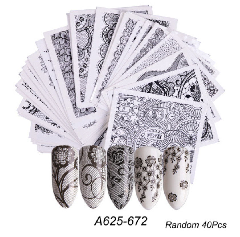 40 Pcs Nail Sticker Black Sexy Lace Flower Slider Water Decals Wrap Tips NS10