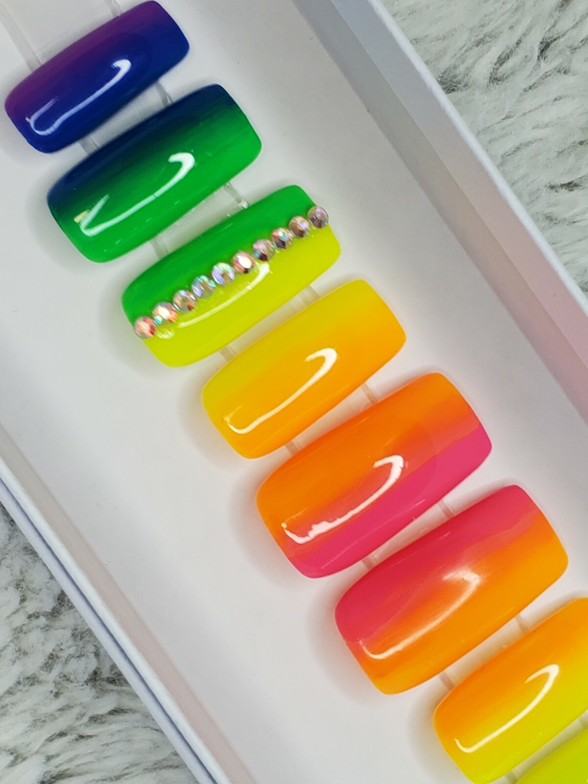 Neon Rainbow bling nails crystal pride set Press On nails diamond long square