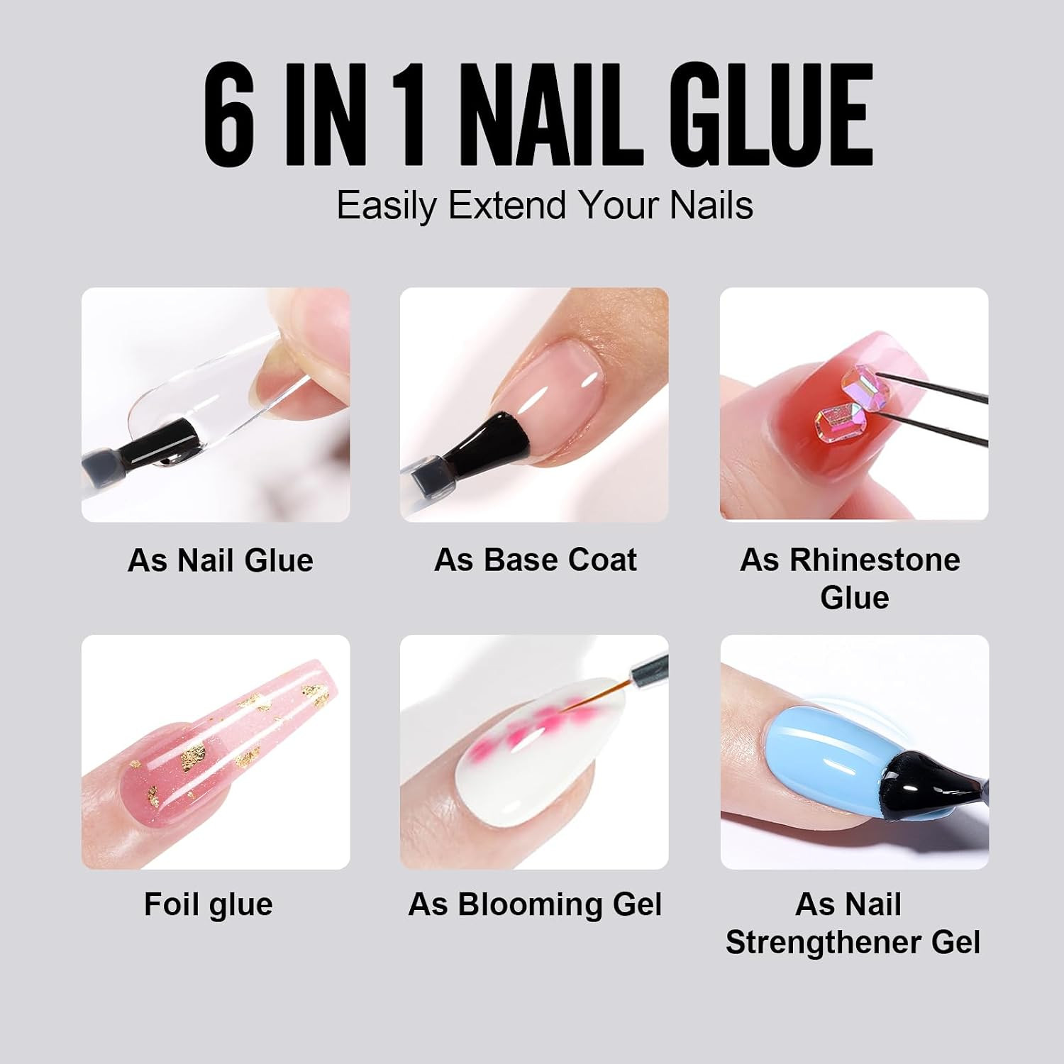 6 in 1 Nail Glue for Press Ons 8Ml Strong Brush on Gel Nail Glue for Nail Tips L