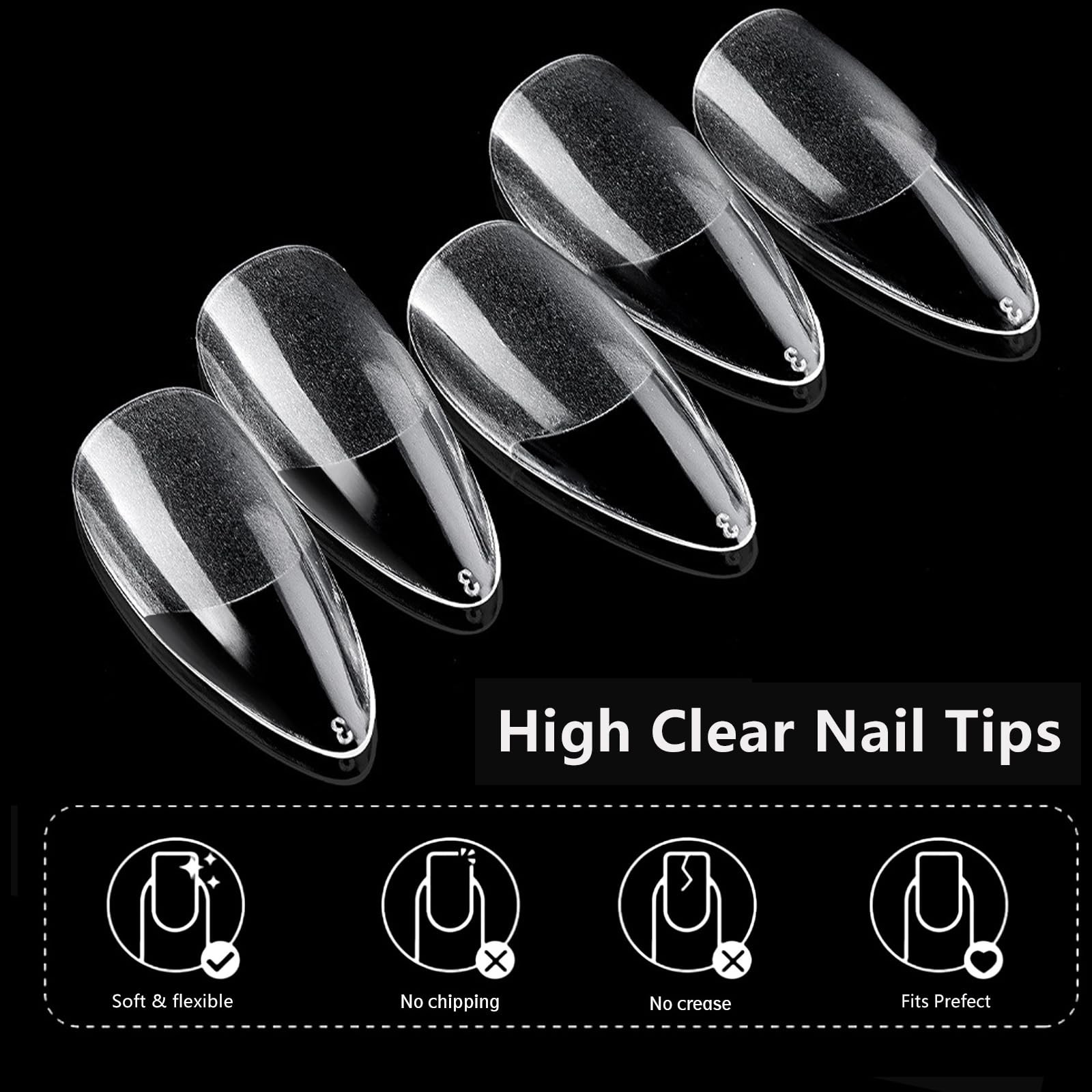 AddFavor 600pcs Almond Nail Tips Medium Fake 600 Piece Assortment, Clear