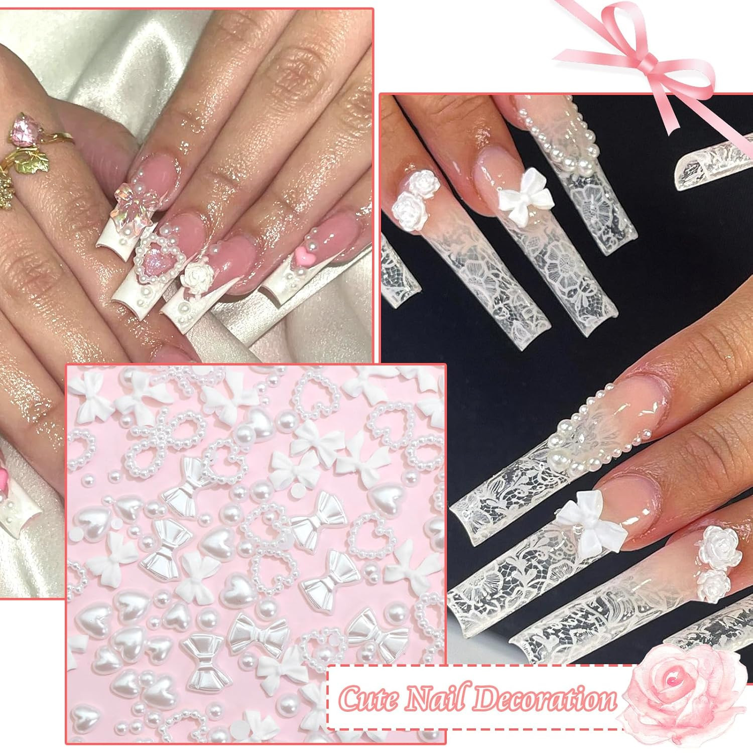 Bow Nail Charms White Heart Charms for Nail 3D Bowknot Nail Art Stud Flatback Na