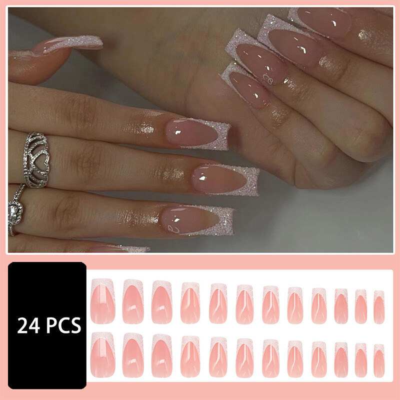 Wearable Fake Nails Bling 24Pcs Designs Medium Long Coffin Decor False Nails