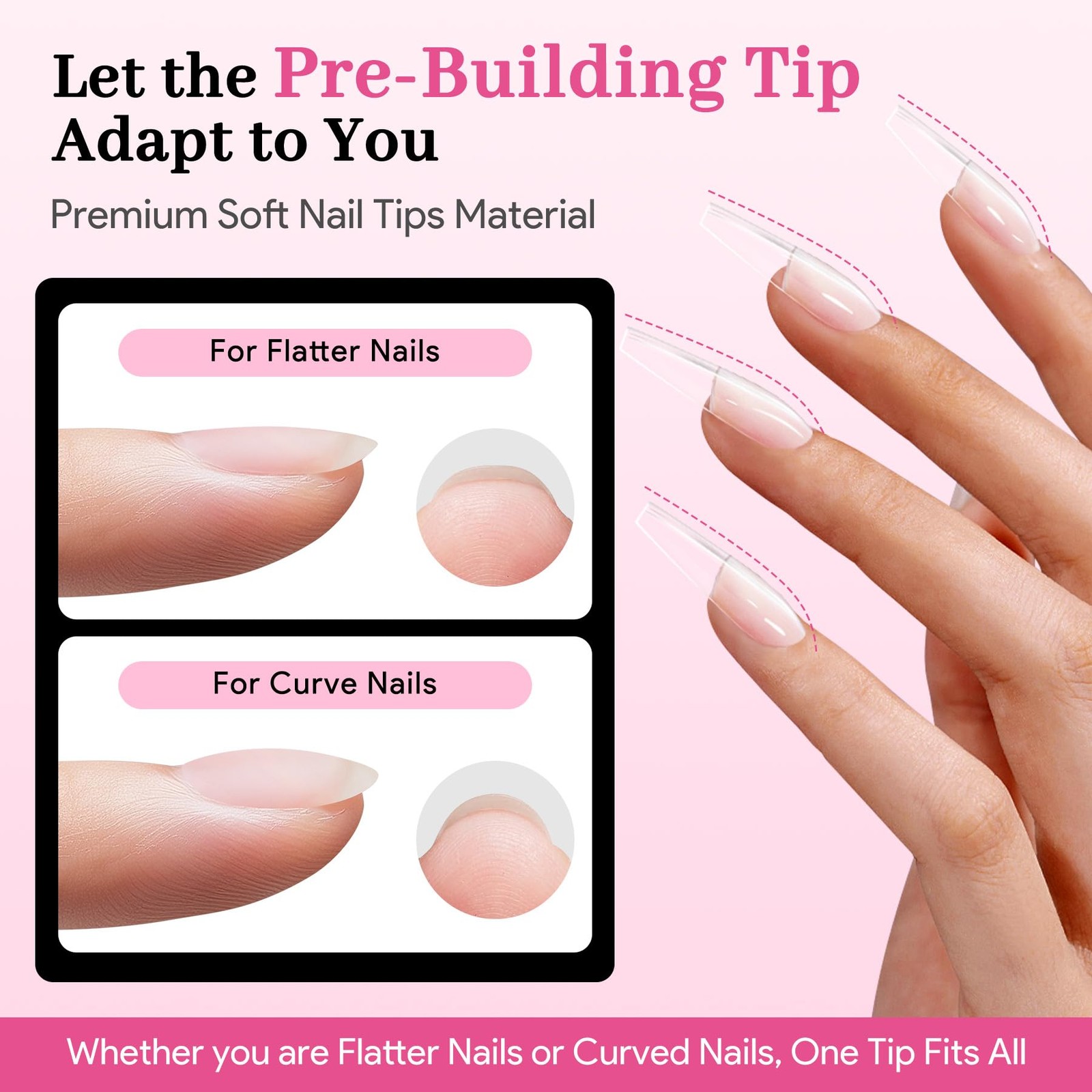 Long Coffin Pre-Building Nail Tips, 15 Sizes 240 PCS Pre-shaped Apex Clear So…