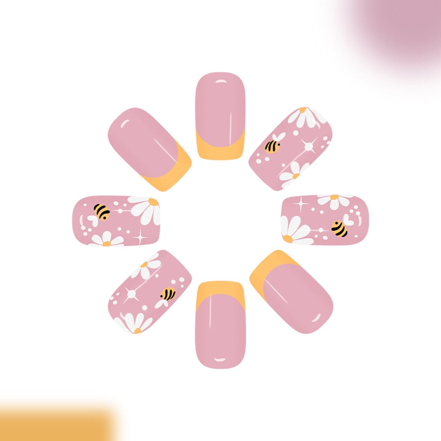 Flower Press on Nails Medium Square Spring Fake Nails with Daisy Bees French …
