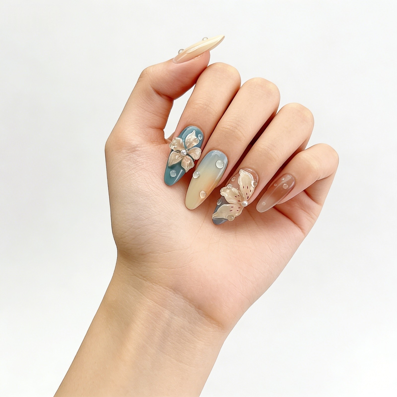 Blue Orange Flower Press On Nails Medium Almond 3D Waterdrop Glue On Set