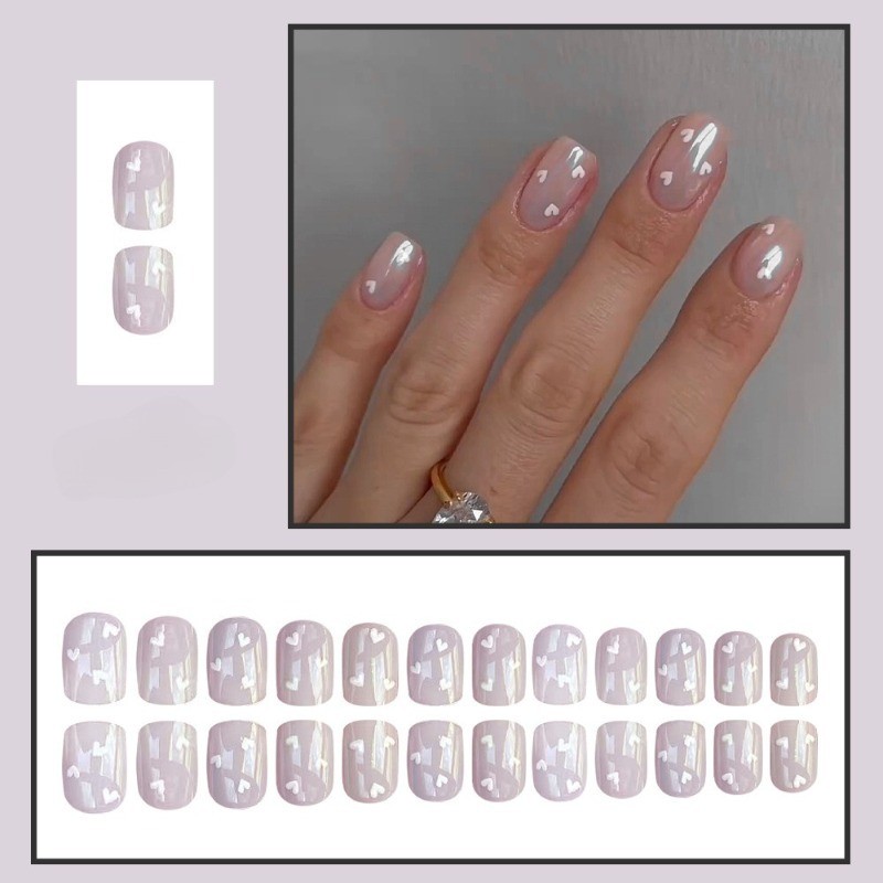 48 Pieces of Short Square Nail, Bare and Transparent Heart-shaped Nail Art