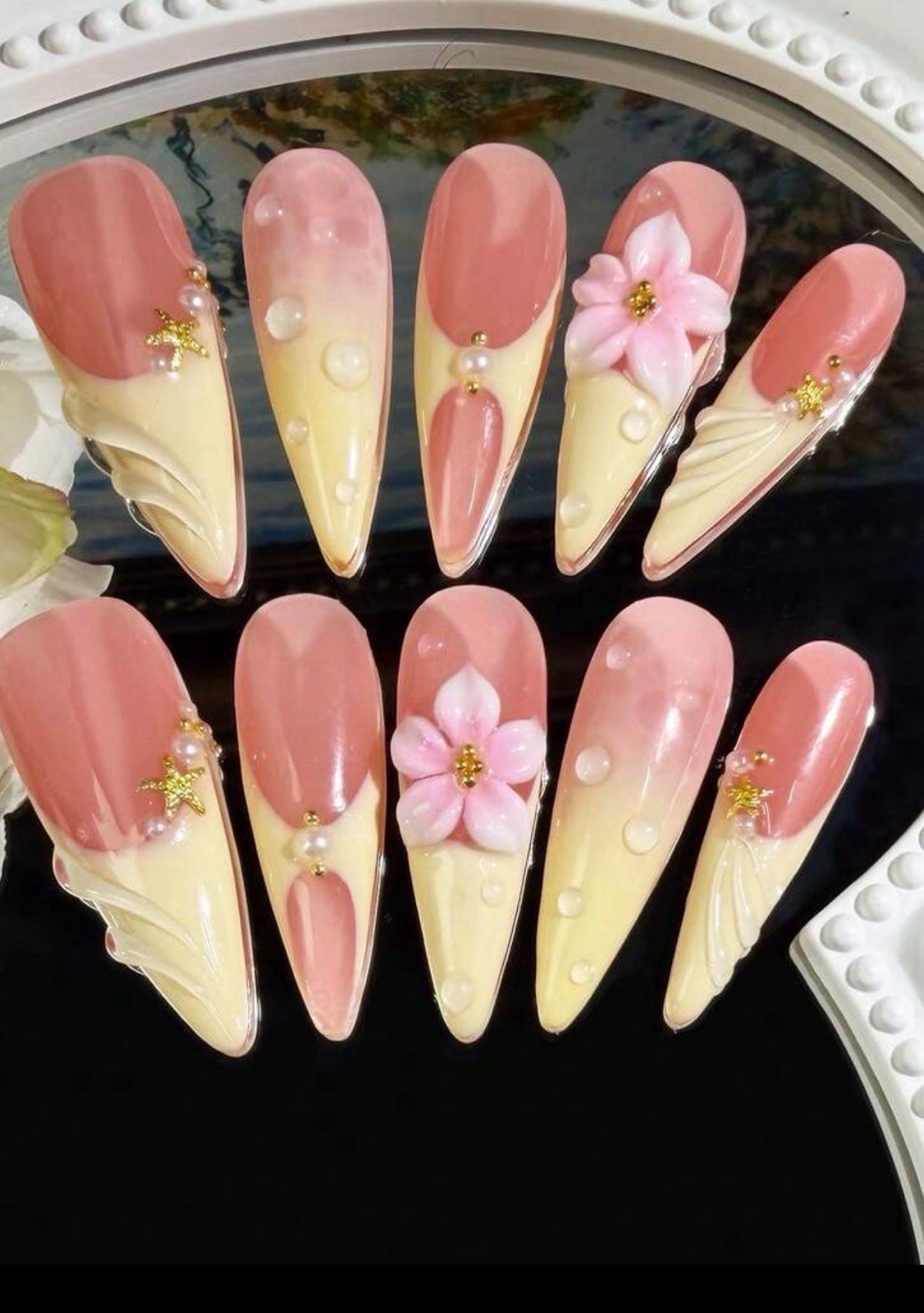 ENEN Medium Almond 3D Floral Press-On Nails Pre-Designed Pink Ivory