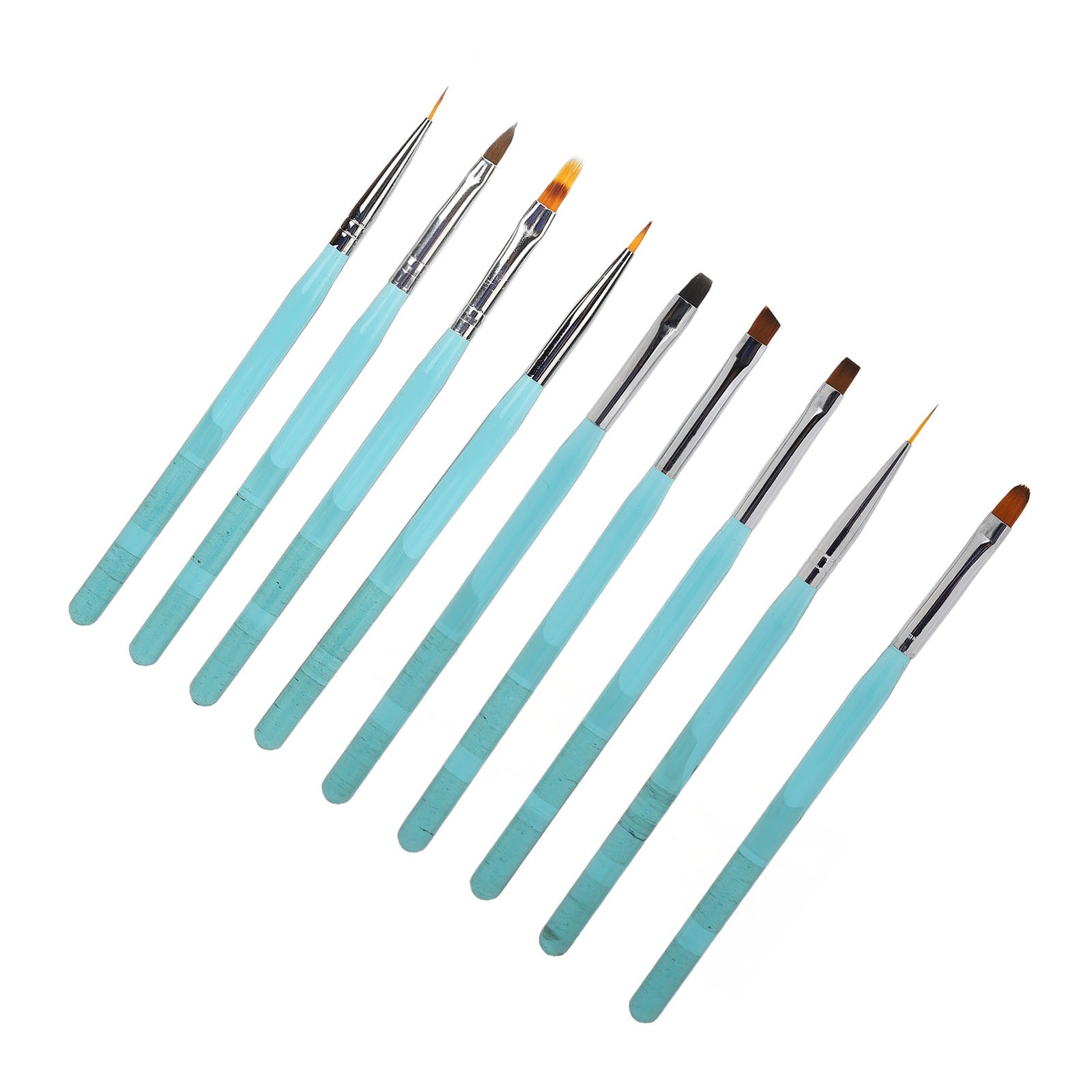 9Pcs Nail Art Brush Set Nylon Hair Blue Metal Rod