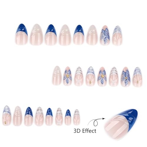Almond Nails – 24PCS Blue and White Floral – 32 French Blue Flowers