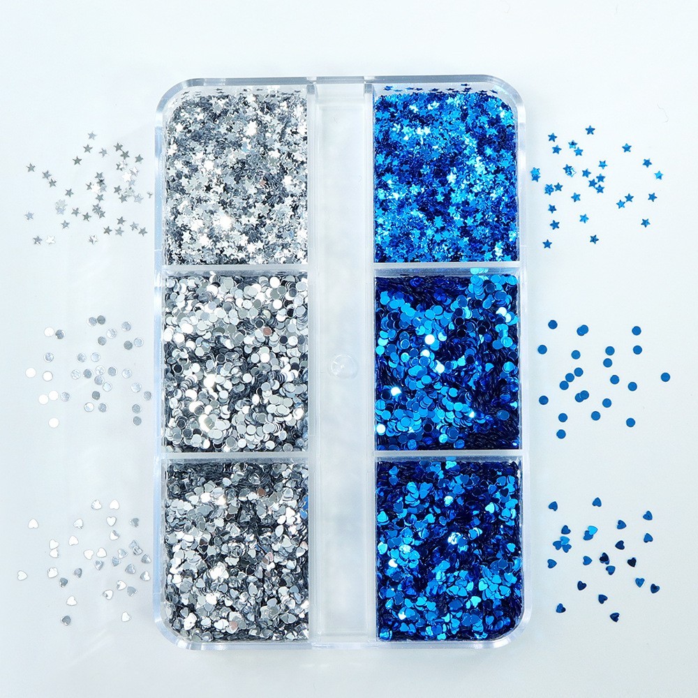 6Grids 1mm Mini Silver Blue Nail Glitter Sequins Mix Heart Star Flakes for Nails