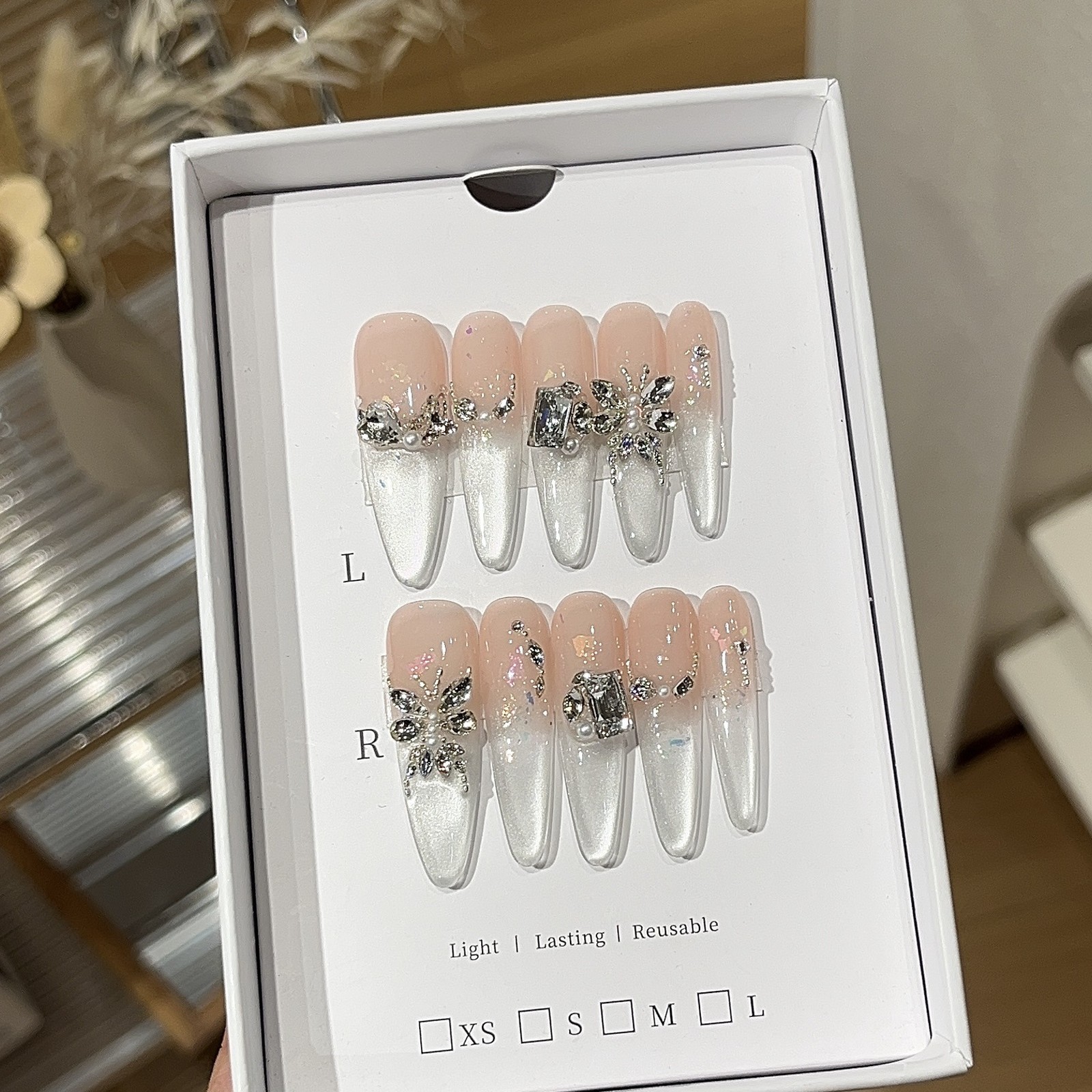 10Pcs Handmade Opal Cat Eye Press On Nails K9 Rhinestone Elegant Daily Wear