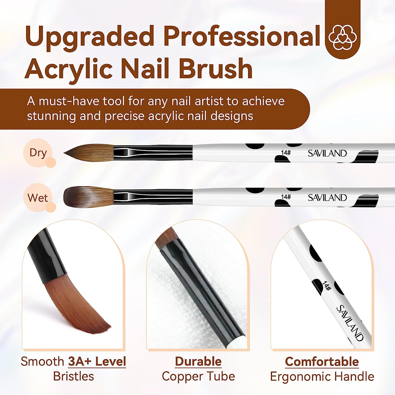 Saviland 3Pcs Acrylic Nail Brush Set, Size 8/10/14 Kolinsky Acrylic Nail Brushes