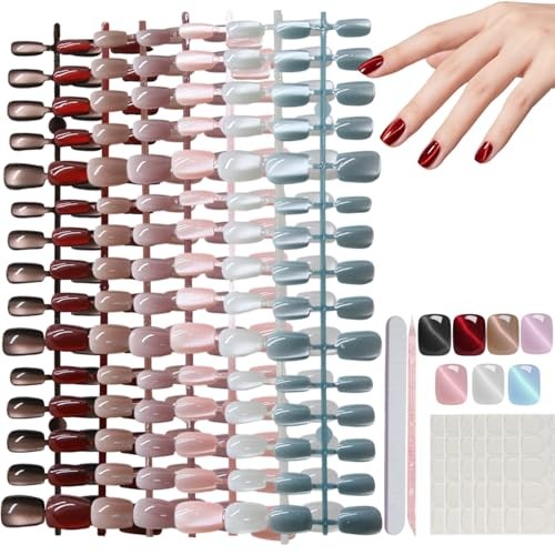 AIBEE Cat Eye Press on Nails-7 Colors Press On Nails Short Square 7 Mix Colors