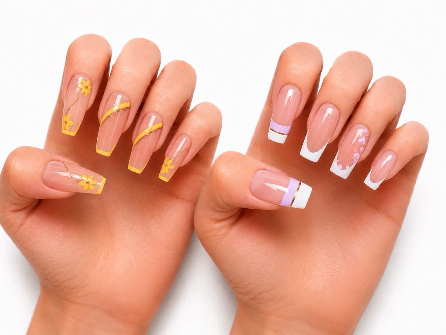 SET OF 2 Yellow Floral French Tip Press On Nails | Nude Pink Coffin Nails