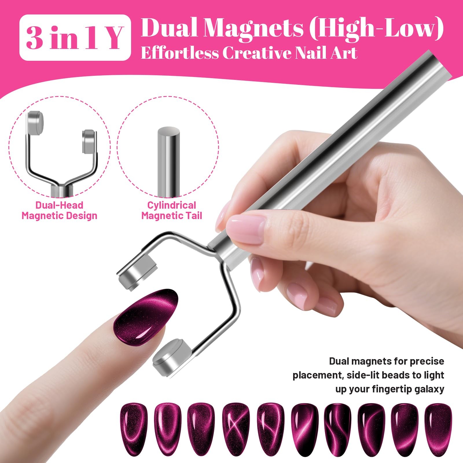 3PCS Nail Art Magnet Set Cat Eye Dual Head Heart Tool for Gel Manicure Design