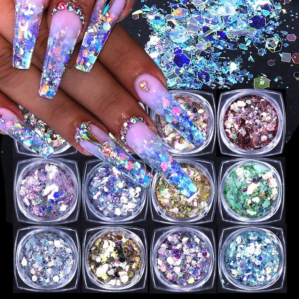 6PCS Chrome Mirror Nail Powder Set Gold Silver Holographic Aurora Pigment
