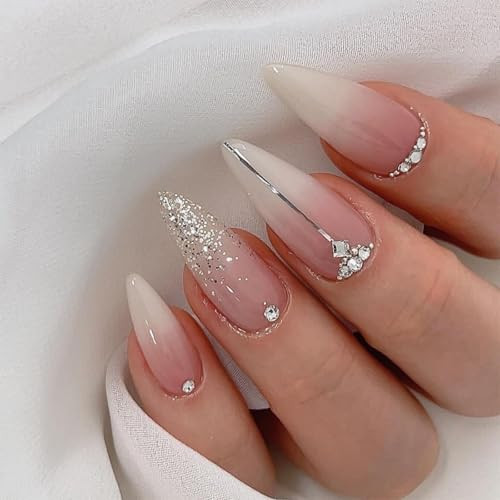 Silver Glitter Press on Nails French Tip Fake Nails Medium Almond False Nails
