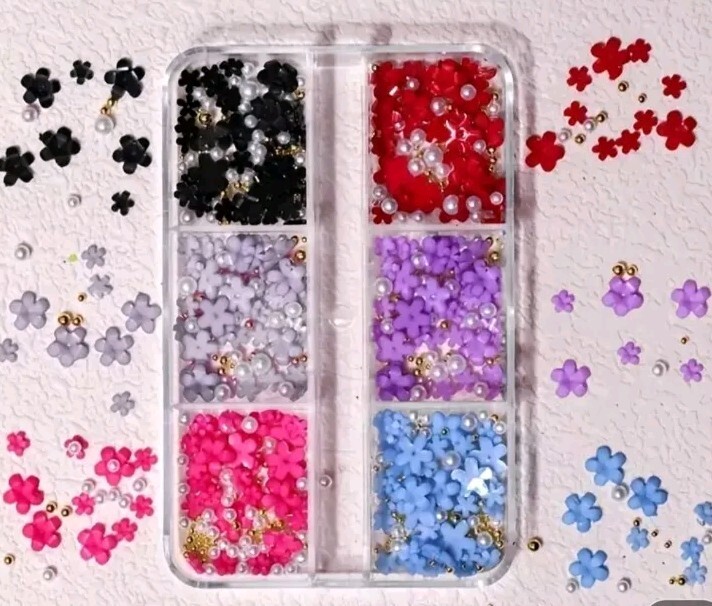 Box Lot 3D Nail Art Charms Flowers Pearls 6 Colors Pink Blue Black Purple Red