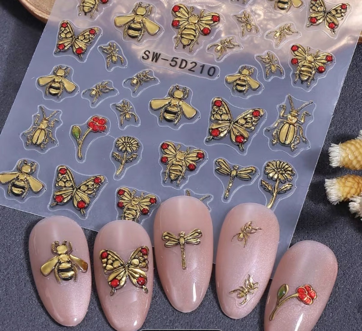 NAIL ART STICKERS GORGEOUS EMBOSSED GOLD AND RED CREATURES 5D EFFECT SW-5D210