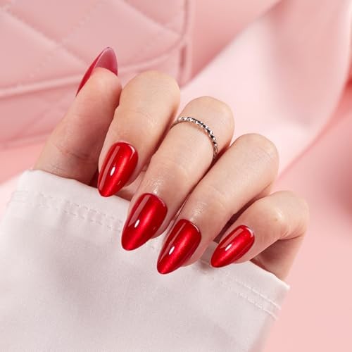 Short Almond Press on Nails – Red Cat Eye Glossy Fake Nails, A2-Pulse red