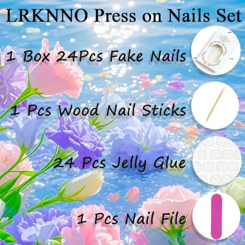 30Pcs Pink Press on Nails Almond Medium French Tip Fake 3D Flower Nail Art – 6