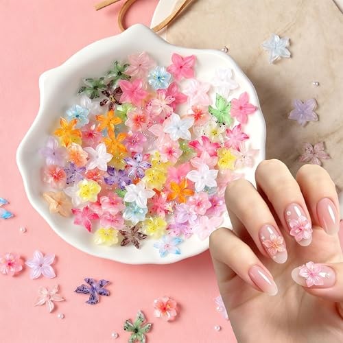 120Pcs Nails Charms 3D Colorful Flowers Nail Rhinestones Hibiscus Summer Flower