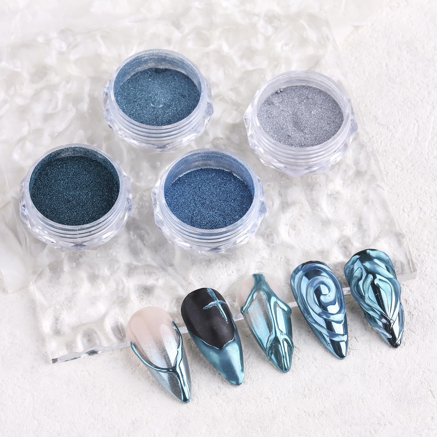4 Colors Chrome Nail Set, Blue Silver Metallic Mirror Effect Nail Chrome Holo…