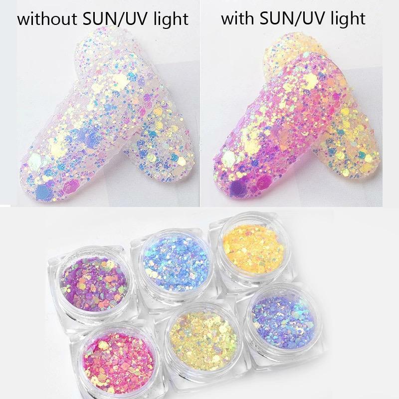 Photochromic Nail Sequins UV Light Colour Changing Glitter Under Sunlight Mix UK