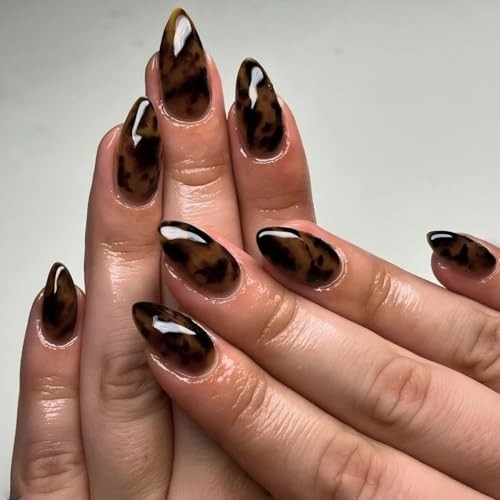 Brown Press On Nails Almond Medium, Amber Leopard Print Nails almond-brown B