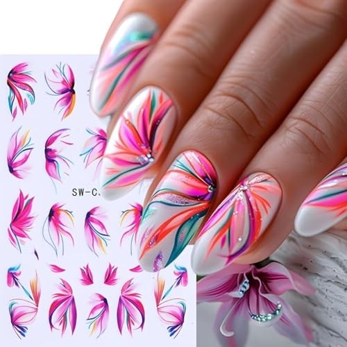 6 Sheets Flower Nail Art Stickers Spring Summer Nail Decals 3D Self Style-4