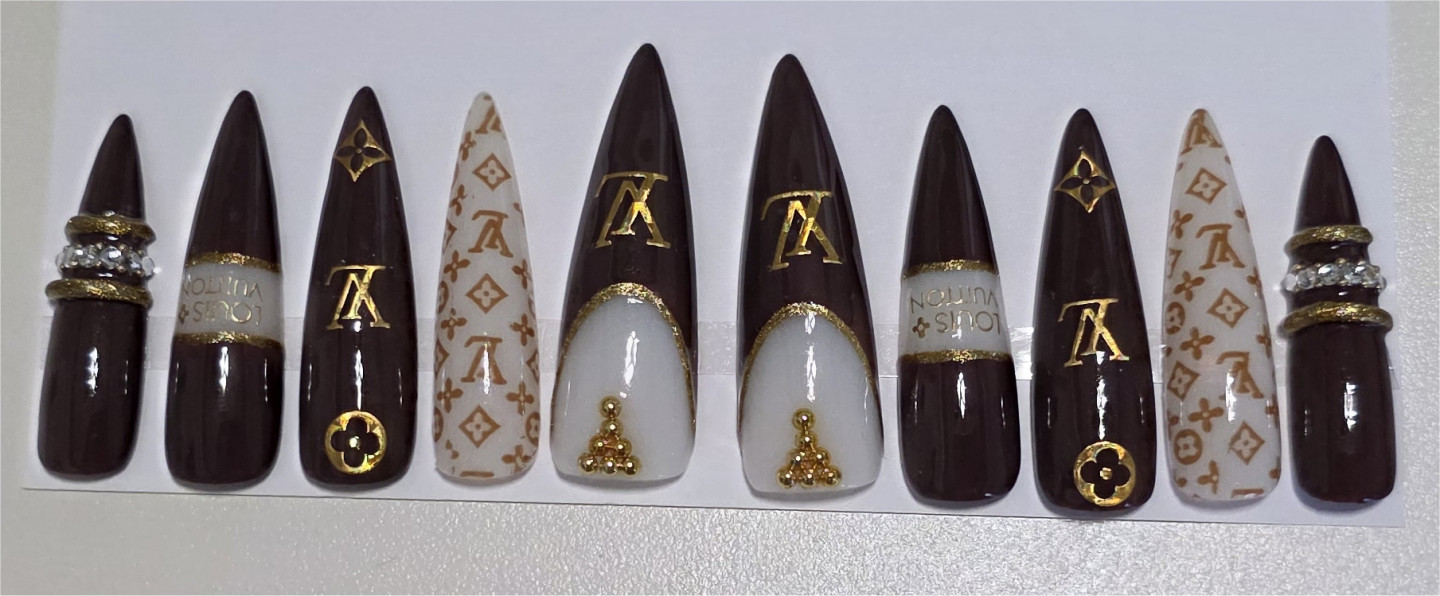 10 Pcs Press On Nails Custom Gel Luxury Brown Gold Full Set Long Nail +Kit M
