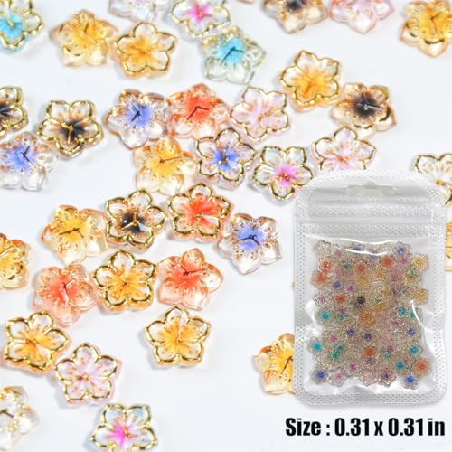 50Pcs Flower Nail Charms 3D Lovely Flower Charms Nail Rhinestones Gold Edge