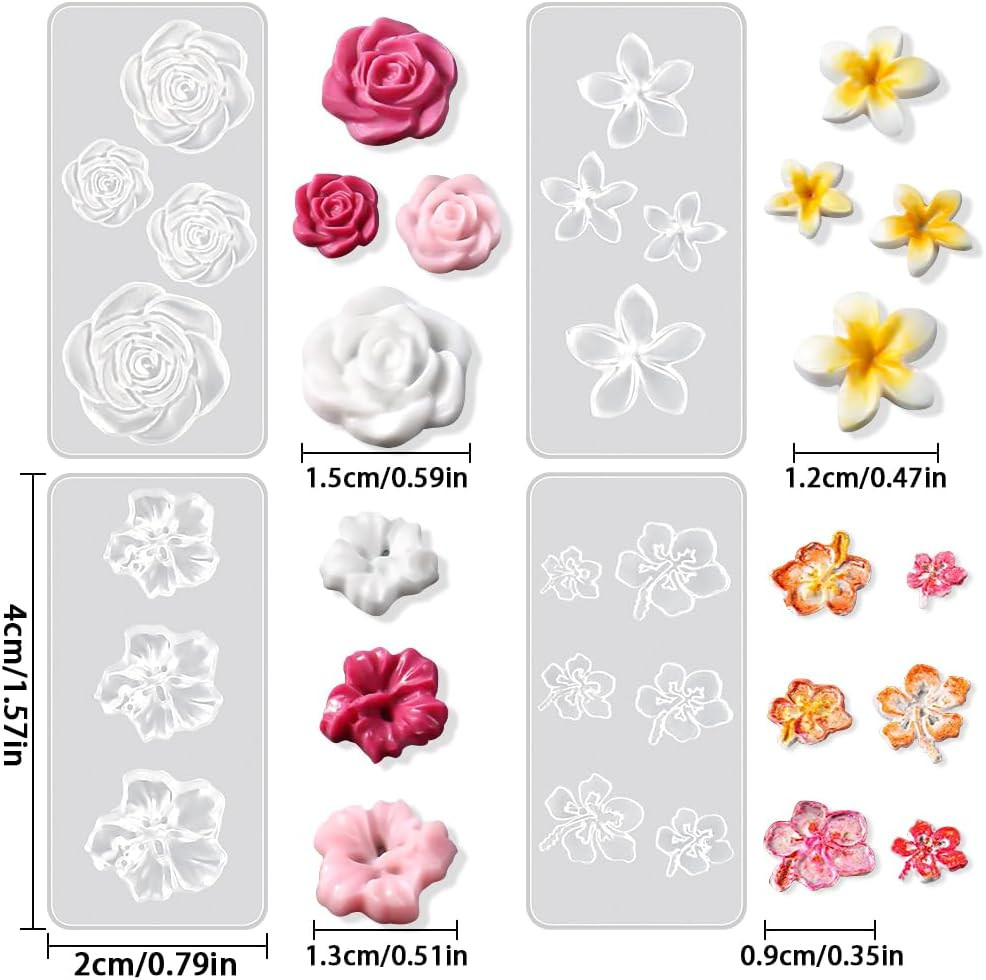 4Pcs Flower Nail Charms Silicone Molds 3D Gel Nail Art Mold Plumeria Cherry