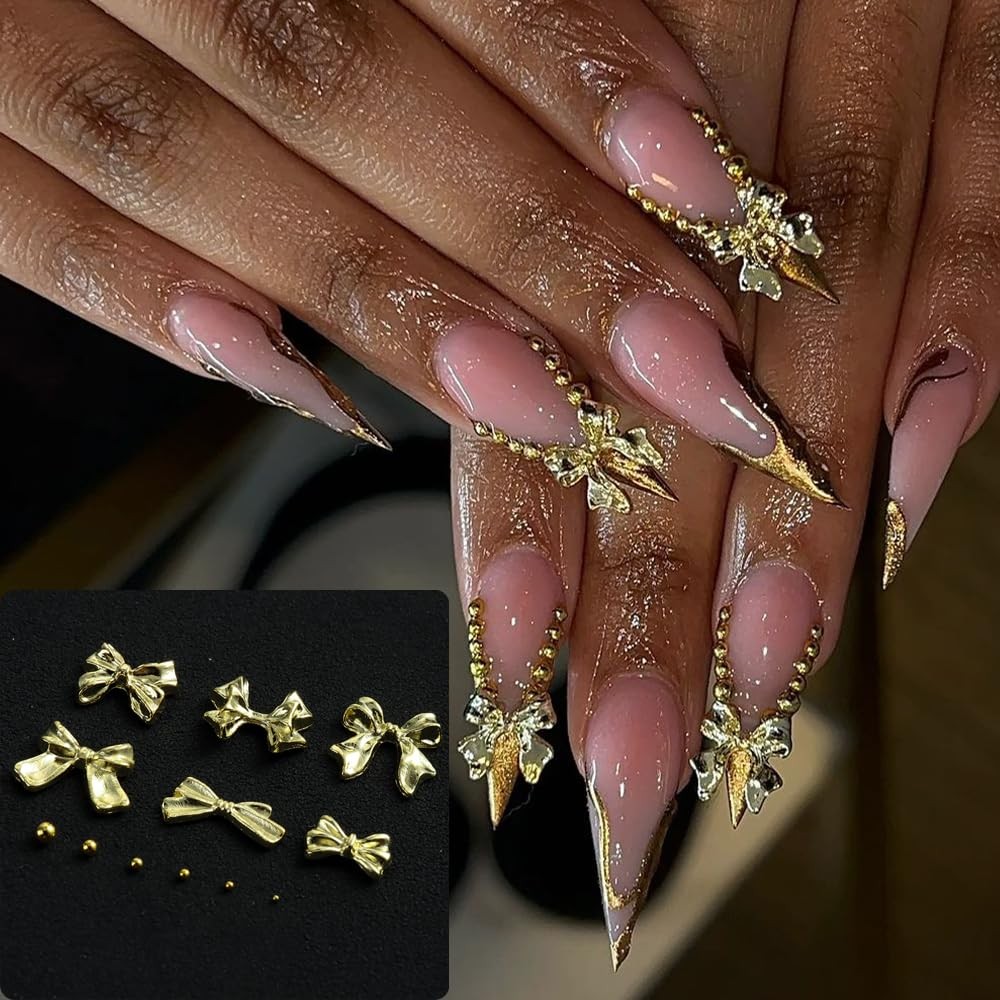 Golden Metal Bow Knot Steel Beads Nails Decoration Kit,3D Alloy Bow-Knot Gold…