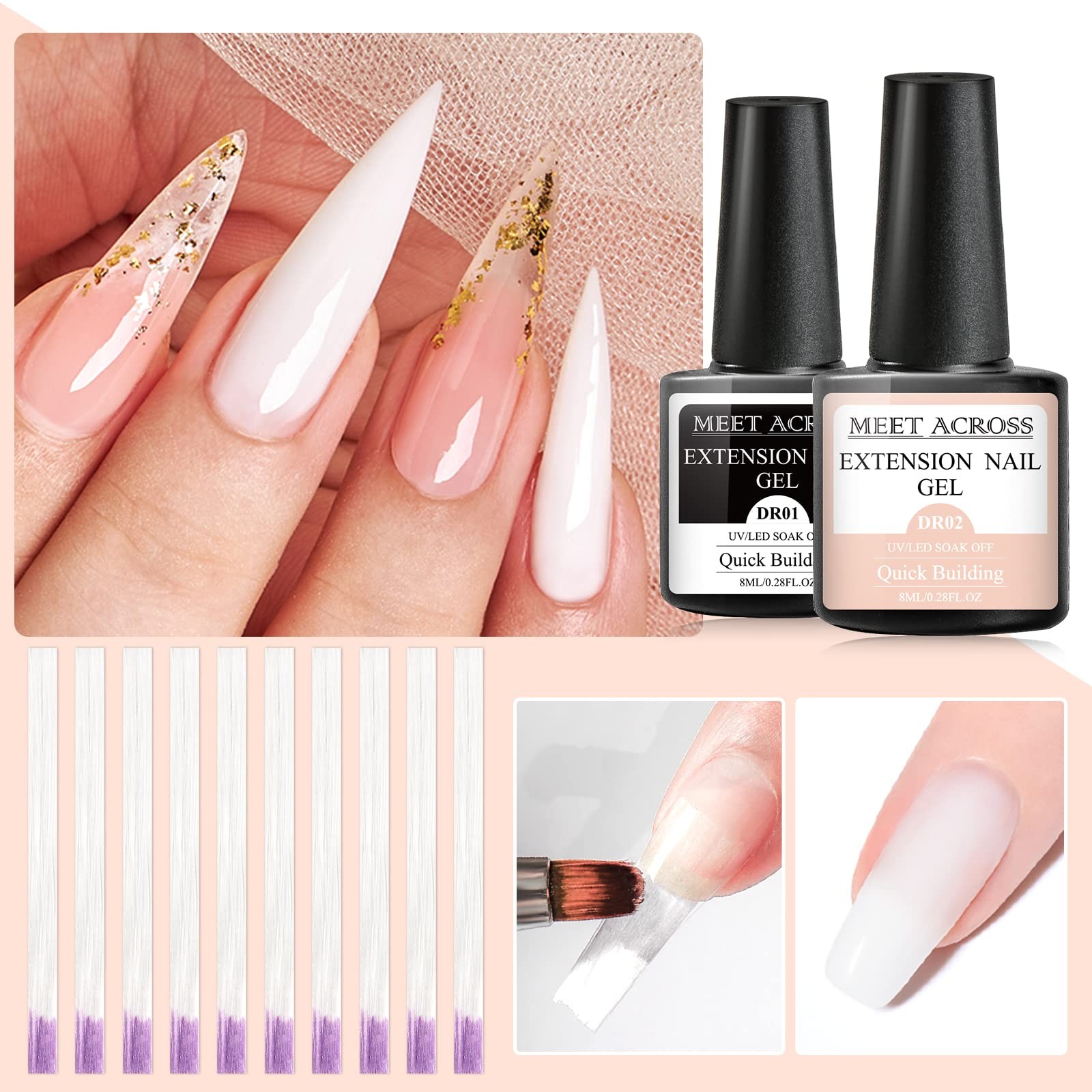 Nail Extension Kit Fiberglass Clear Pink Builder Gel with Nail File Tweezers