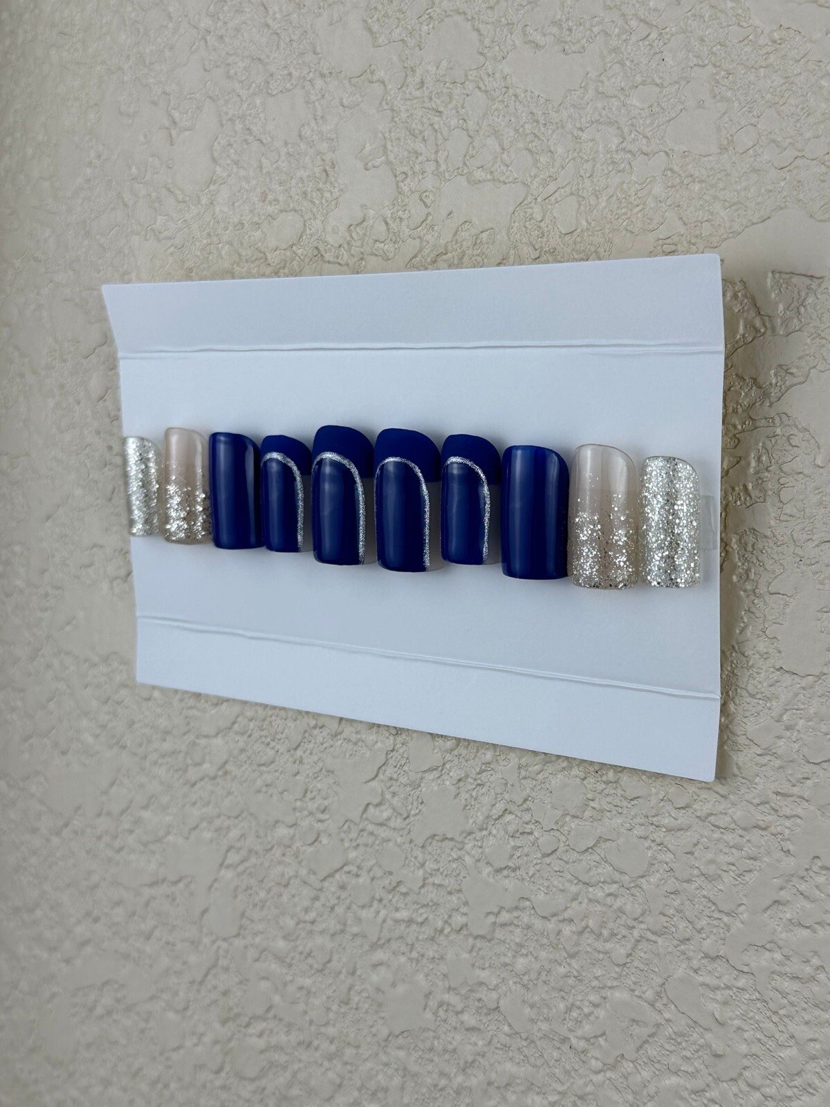 Blue & Gold Press On Nails, 10 Piece Full Set W/ Installation Kit