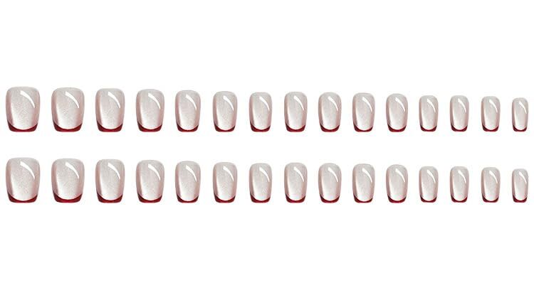 Red French Tip Press on Nails Short Square Fake 0.8 Fl Oz (Pack of 30) Style 21