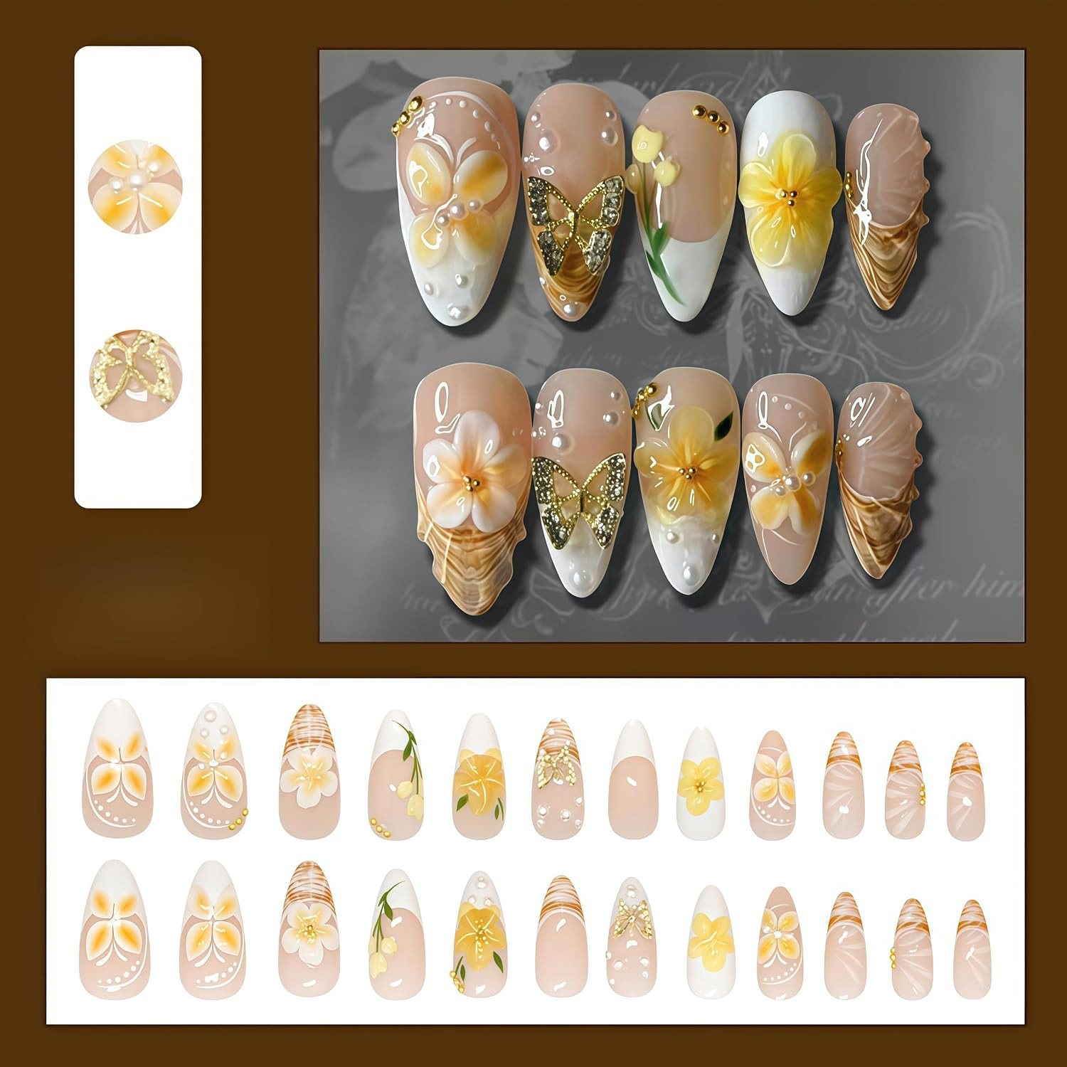 24Pcs Yellow Flower Press on Nails Medium Almond Fake Nails with 3D Gold Beads B