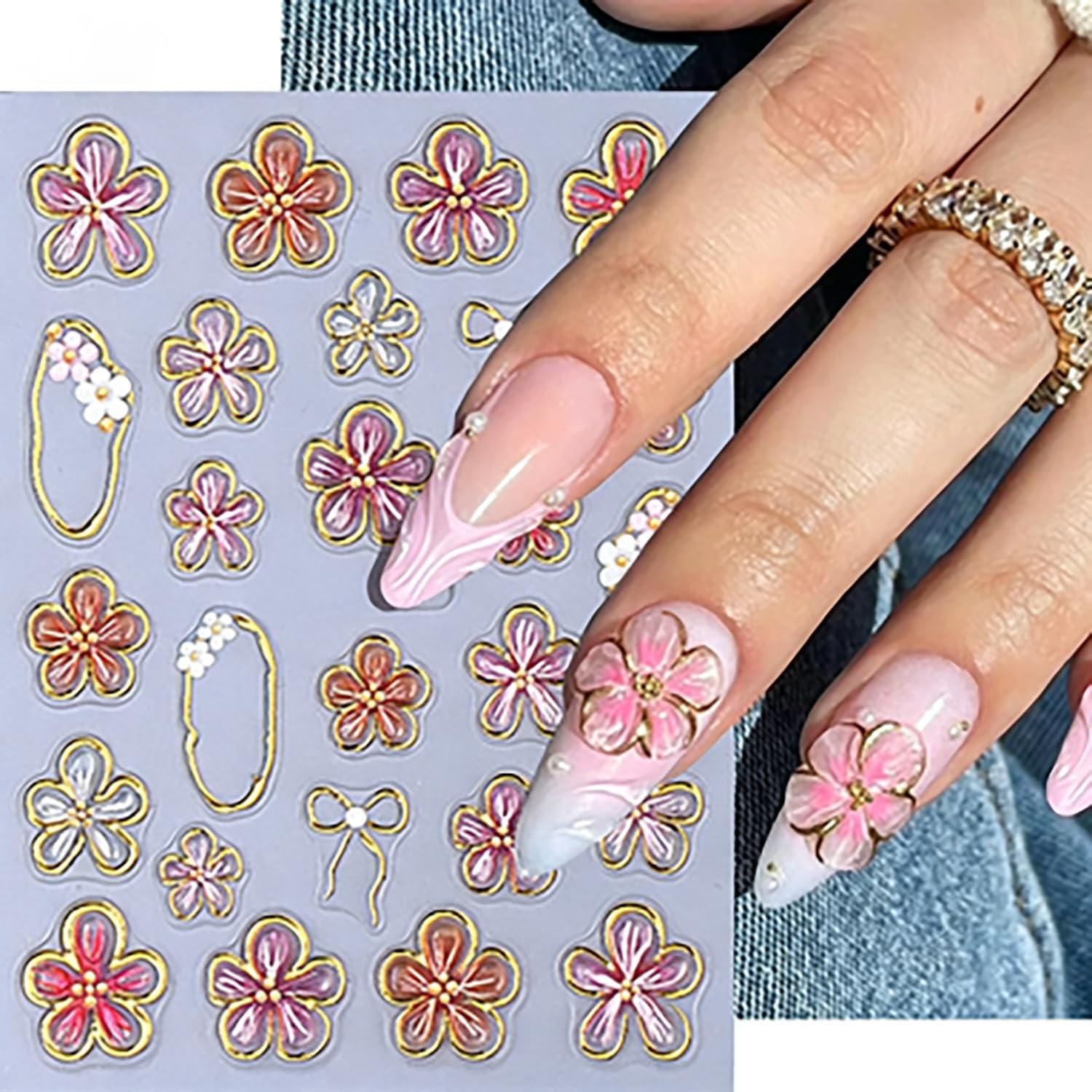 5D Embossed Gold Line Flower Nail Stickers – 2 Sheets Self-Adhesive Pink Floral