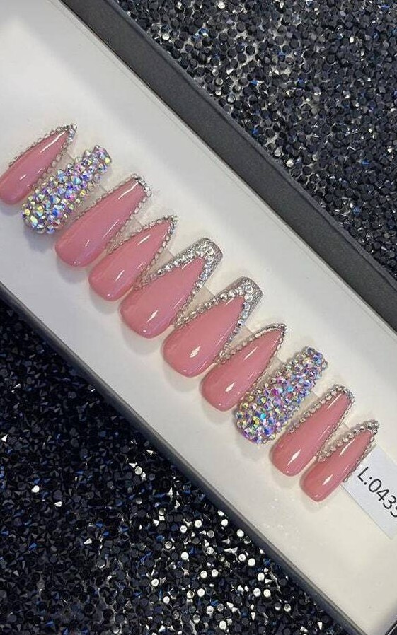 Pink Nail with Rhinestones + Custom Box | Ballerina and Stiletto Combined Nails