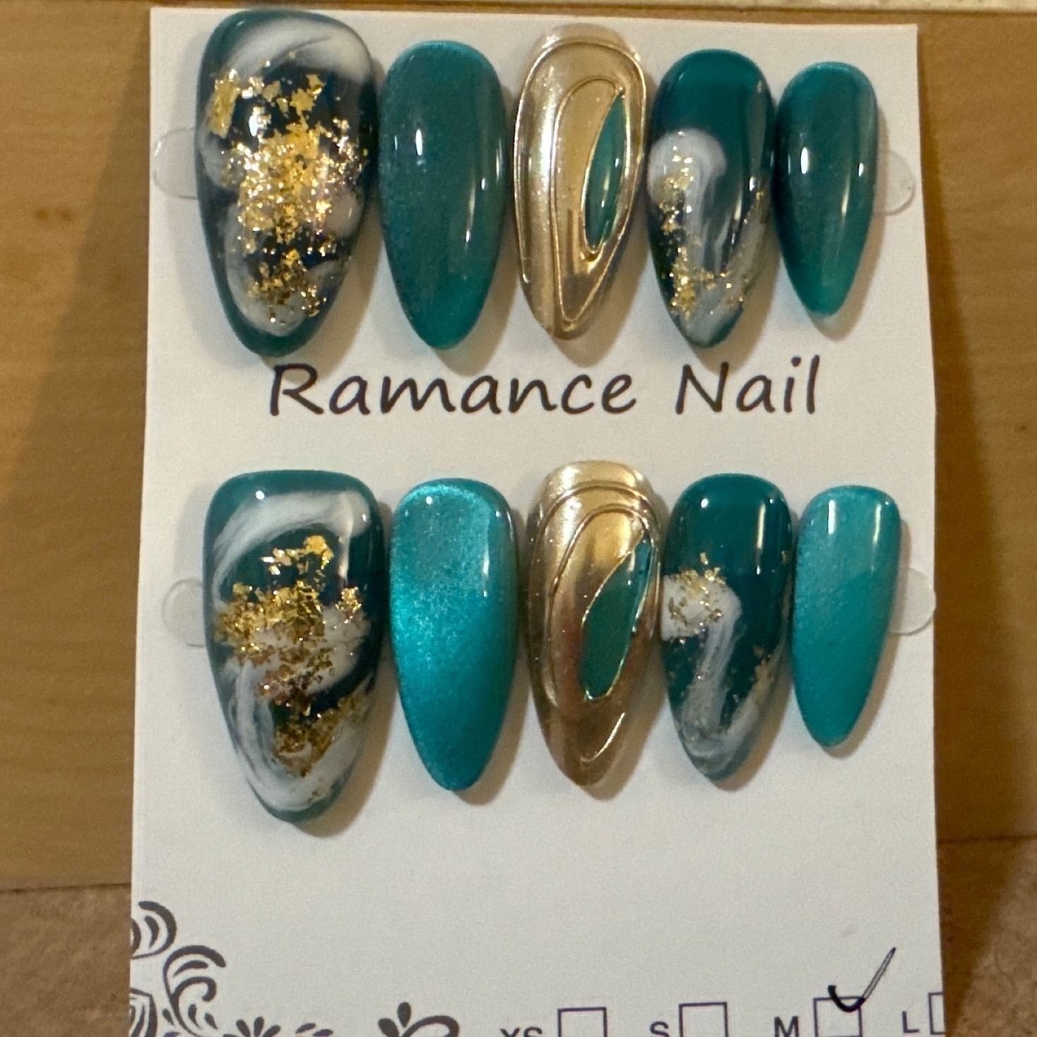 Teal Gold Marble Almond Press On Nails Cat Eye Gold Foil Luxury False Nails Med
