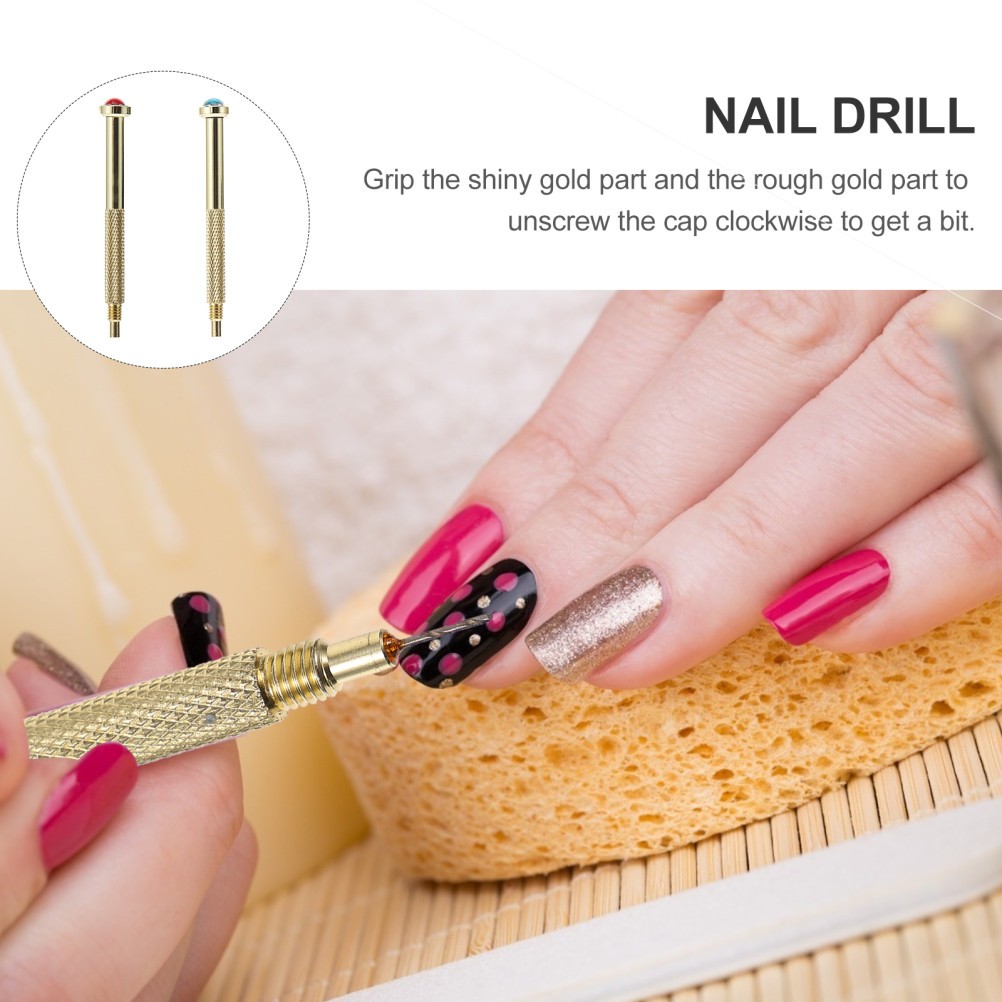 2Pcs Nail Art Piercing Tools Metal Nail Hand Drills Golden Color