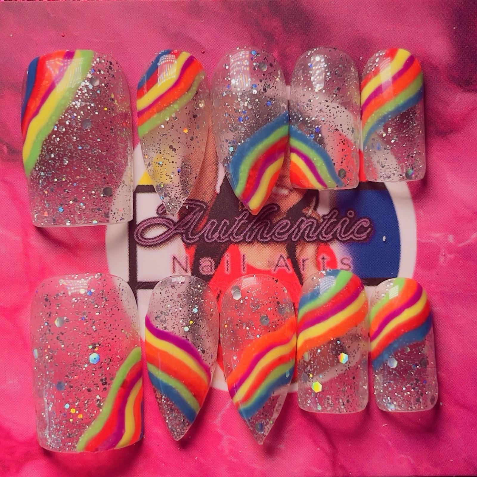 Authentic Nail Arts by Dia Long Coffin Press-On Nails Clear Rainbow Glitter