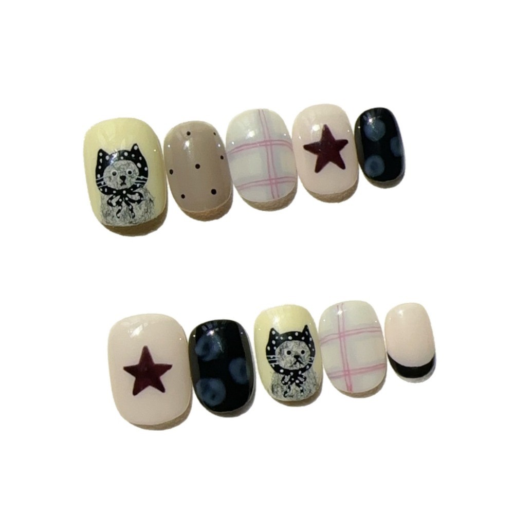 10Pcs Japanese Cat Grid Hand Painted Nails Casual Daily Reusable Nail Tips