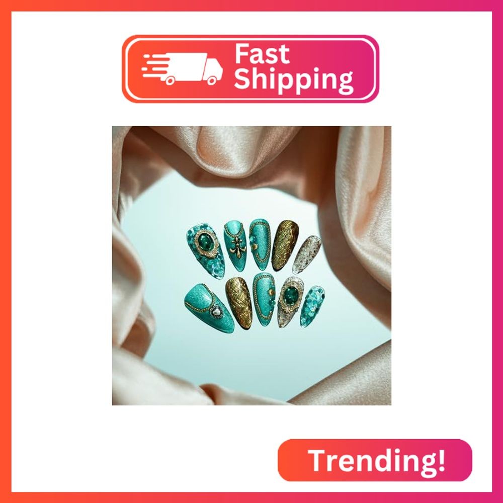 Tesytto Handmade 3D Press on Nails Medium Almond Luxury Vintage, Size S