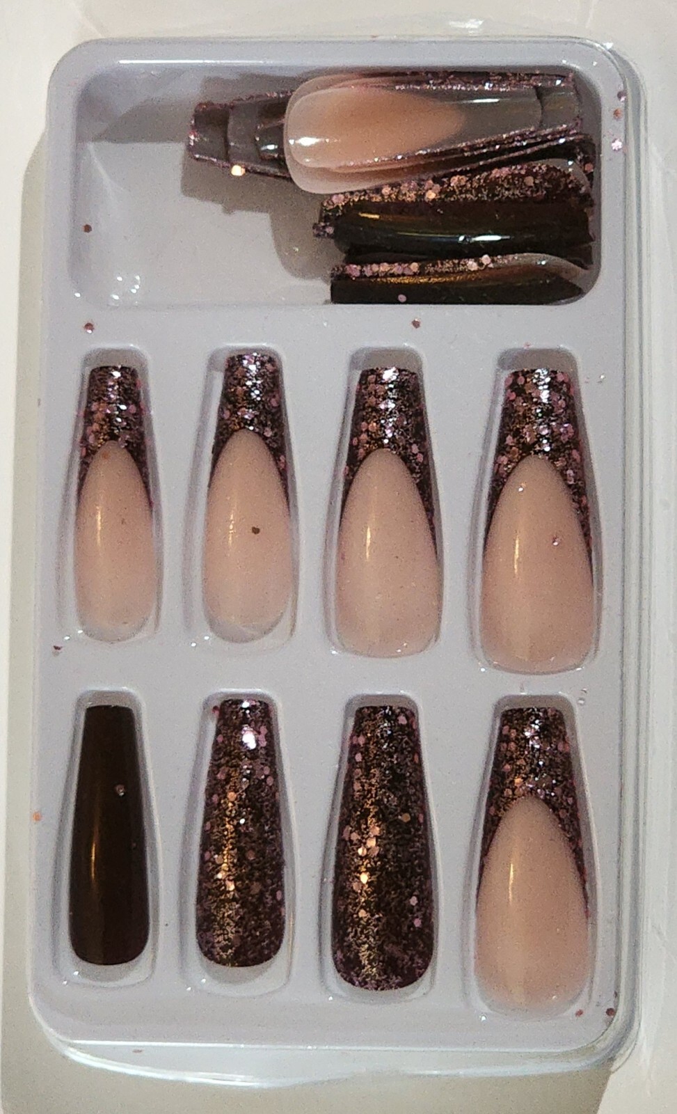 24pcs Set Glossy Glitter Shiny Coffin Long Dark Purple Press On Nails Kit 2