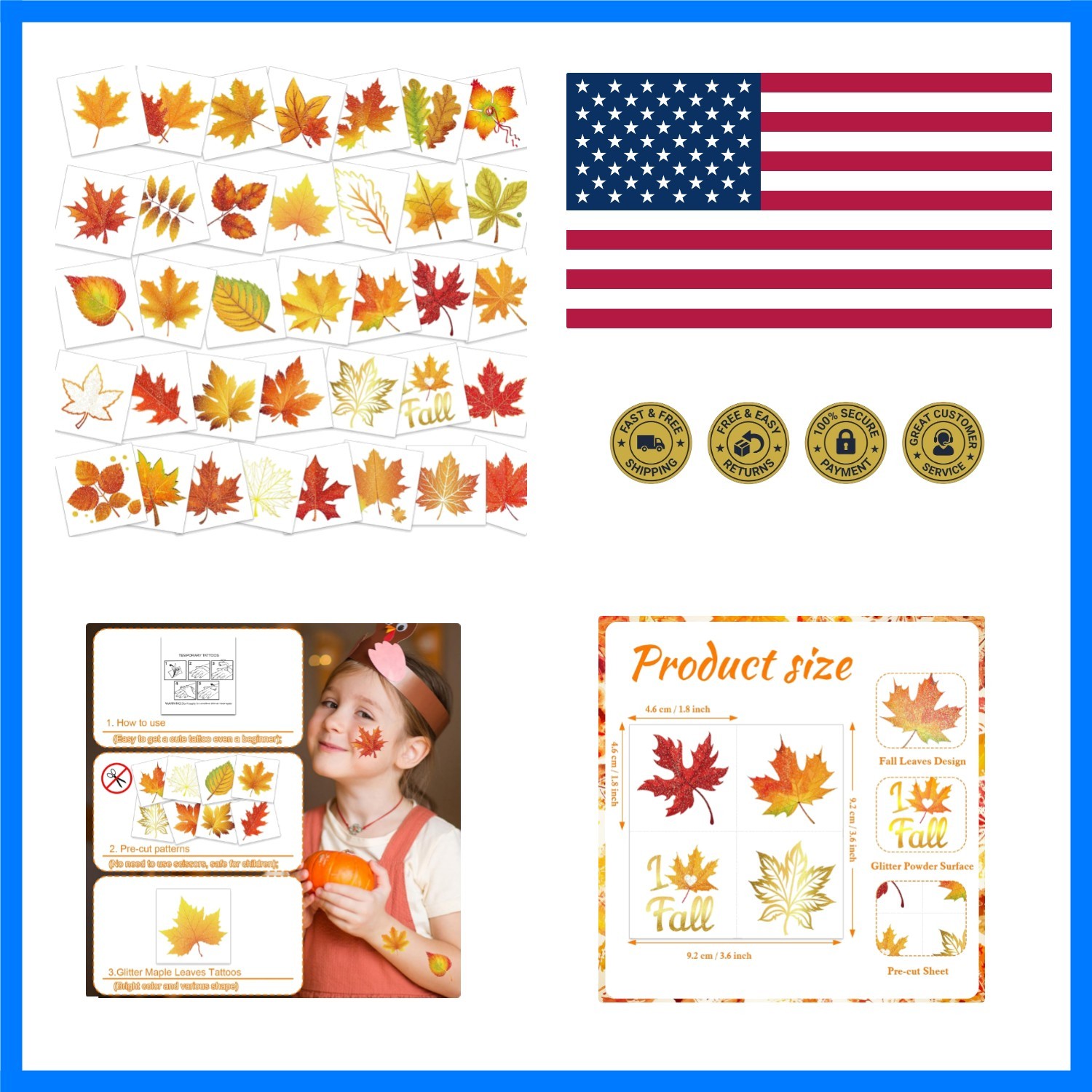 72pcs Glitter Fall Leaves Temporary Tattoos Autumn Harvest Tattoos Stickers f…