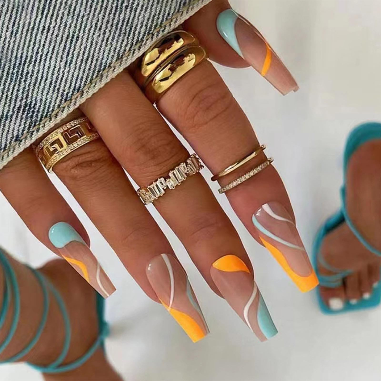 Long Press On Nails, Medium Length French Nails, Square Multi-Color Ripple Fa…
