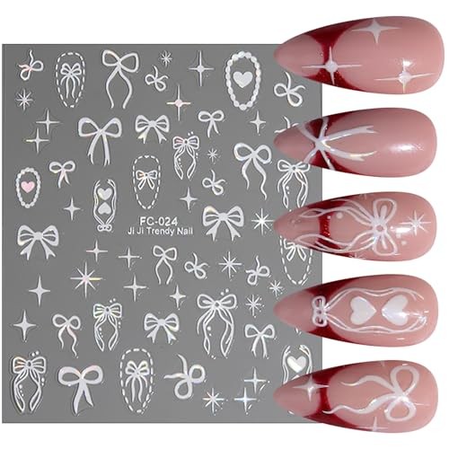 4 Sheets 3D Self-Adhesive Red White Valentines Nail Decals Bow Nail Stickers