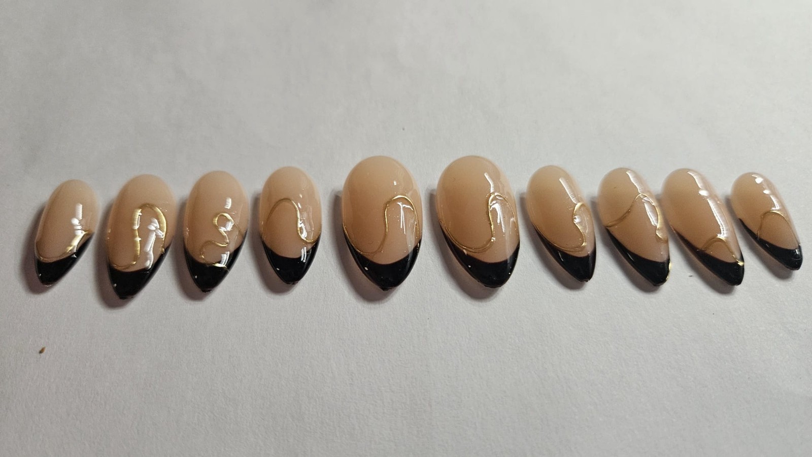 Handmade Gel Press On Medium Almond Black French w/Gold Details Large